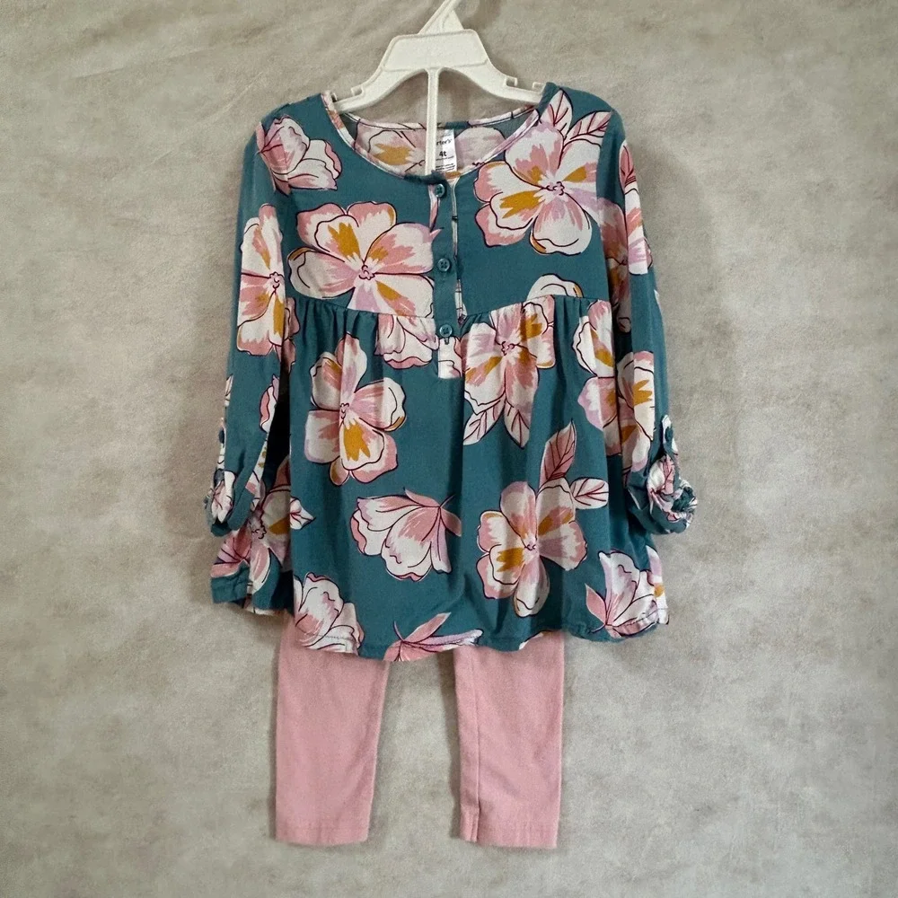 Carters Toddler Girls 4T Floral Tunic Top and Pink Leggings Set Teal 2PC Outfit